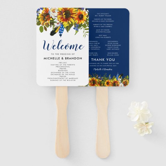 Rustieke Navy Zonnebloem Boho Trouwprogramma Handwaaier (Voorkant en achterkant)