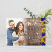 Rustieke Navy Zonnebloem Foto Save the Date Kaart (Staand voorkant)