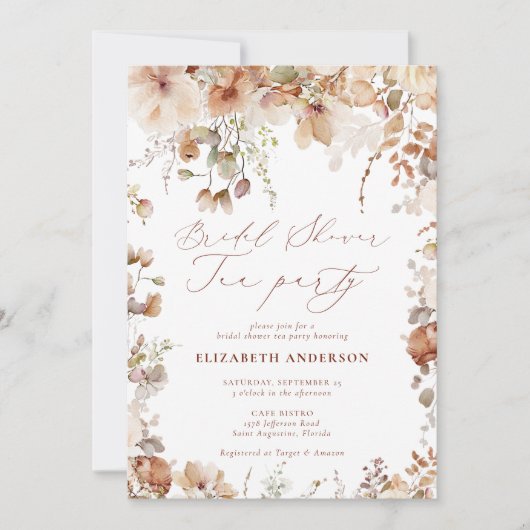 Rustieke Neutrale Boho Bloemen Bruidsthee Kaart (Voorkant)