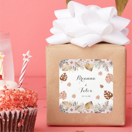 Rustieke Neutrale Boho Bruiloft Vierkante Sticker (Feest)
