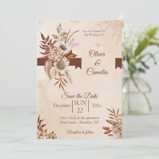 Rustieke Neutrale Boho Floral bruiloft uitnodiging (Staand voorkant)