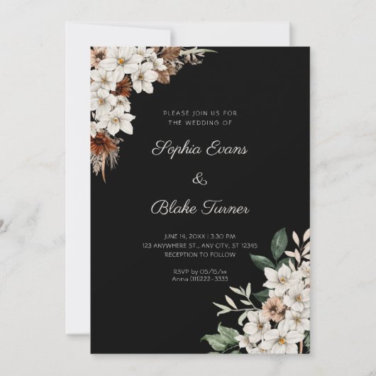 Rustieke Off-white Bloemen Boho Zwarte Trouw Kaart (Voorkant)