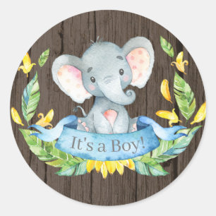 Rustieke Olifant Jongens Baby Shower Blauw Ronde Sticker