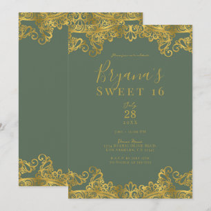 Rustieke Olijf & Gouden Kant Elegant Sweet 16 Fees Kaart