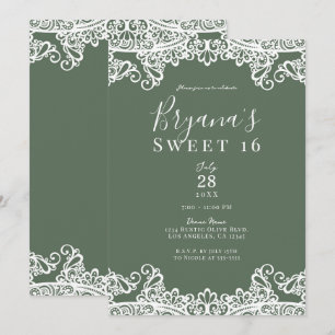 Rustieke Olijf & Witte Kant Elegant Sweet 16 Feest Kaart