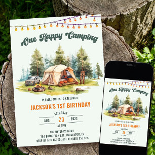 Rustieke One Happy Camper 1e verjaardagsfeest Kaart