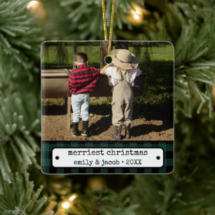 Rustieke One Photo  Plaid Custom Christmas Keramisch Ornament