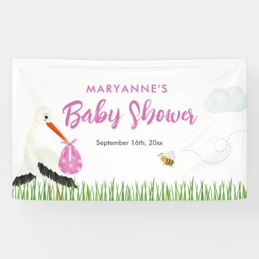 Rustieke Ooievaar met Bee & Vlinder Meisje Baby sh Spandoek (Horizontaal)