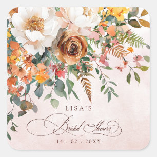 Rustieke Oranje Bloemige Herfst Bruidsdouche Vierkante Sticker