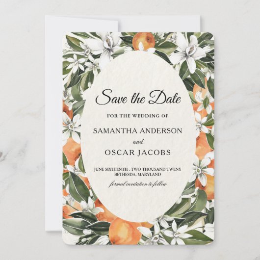 Rustieke Oranje citrusbloem | Elegant Boho Save The Date (Voorkant)