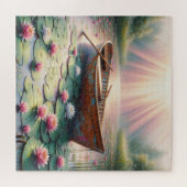 Rustieke oude roeiboot in waterlelies legpuzzel (Horizontaal)