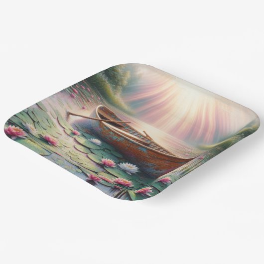 Rustieke oude roeiboot in waterlelies papieren bordje (Gebogen)