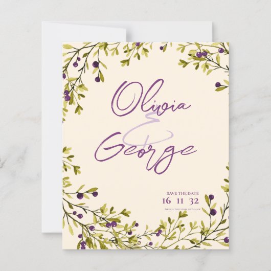 Rustieke Paarse Berry Leaves Wedding Save the Date (Voorkant)