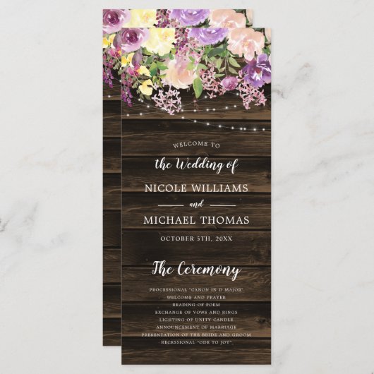 Rustieke Paarse Bloemen String Lights Bruiloft Programma (Voorkant / Achterkant)