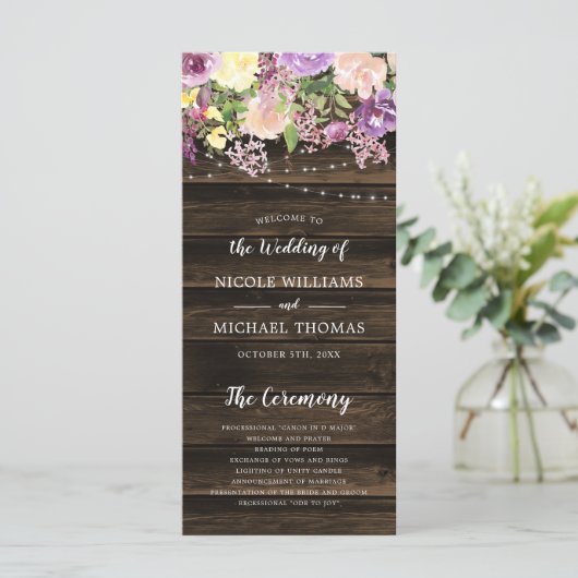 Rustieke Paarse Bloemen String Lights Bruiloft Programma (Staand voorkant)