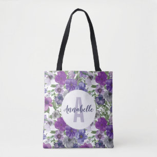 Rustieke Paarse Bloemen Waterverf Monogram Draagtas