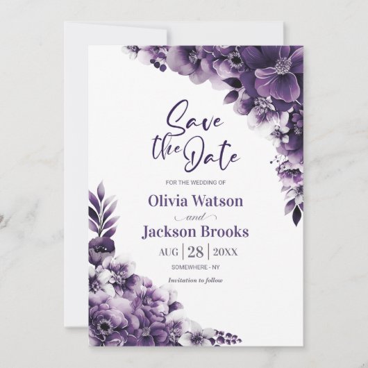 Rustieke Paarse bloemenbruiloft Save the Date Kaart (Voorkant)