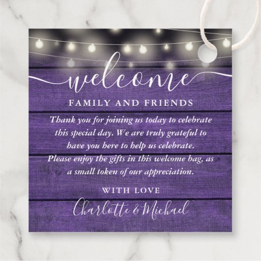 Rustieke Paarse bruiloft welkom geschenk mand tas Bedankjes Labels (Achterkant)