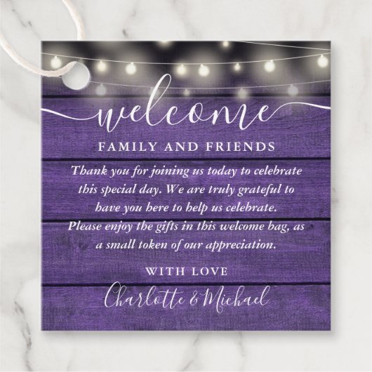 Rustieke Paarse bruiloft welkom geschenk mand tas Bedankjes Labels (Voorkant)