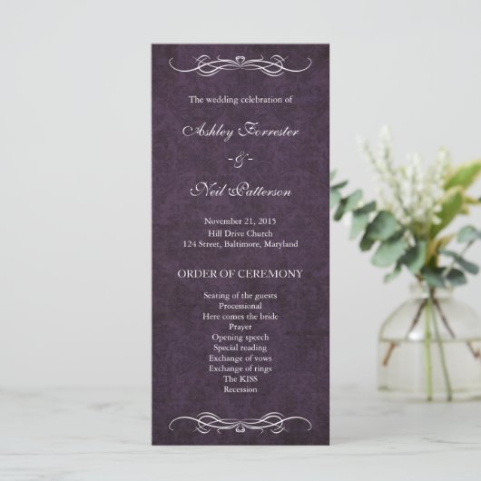 Rustieke  Paarse Damask Wedding Program Programma (Staand voorkant)