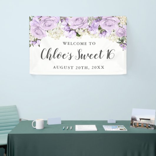 Rustieke Paarse en witte bloemenzoet 16 Party Spandoek (Beurs)