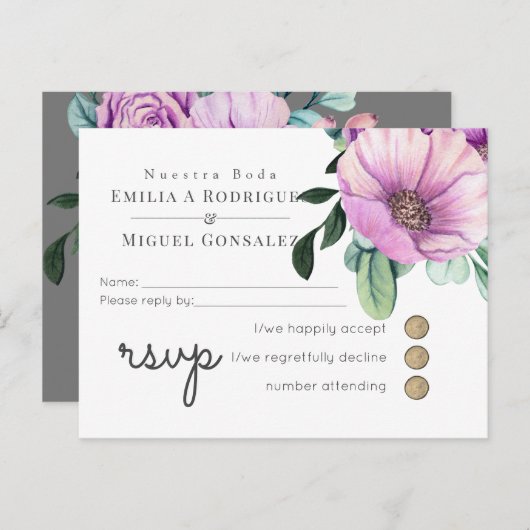 Rustieke Paarse RSVP Nuestra Boda Spaans Bruiloft Uitnodiging Briefkaart (Voorkant / Achterkant)