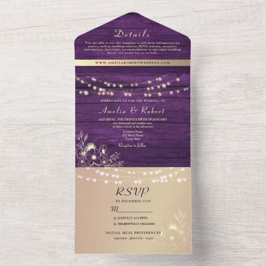Rustieke Paarse String Lights bruiloft All In One Uitnodiging (Binnen)