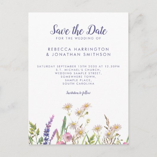 Rustieke Paarse Wildflower bruiloft Save The Date Briefkaart (Voorkant)