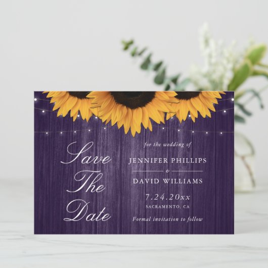 Rustieke Paarse zonnebloem bewaar de datumkaarten Save The Date (Staand voorkant)