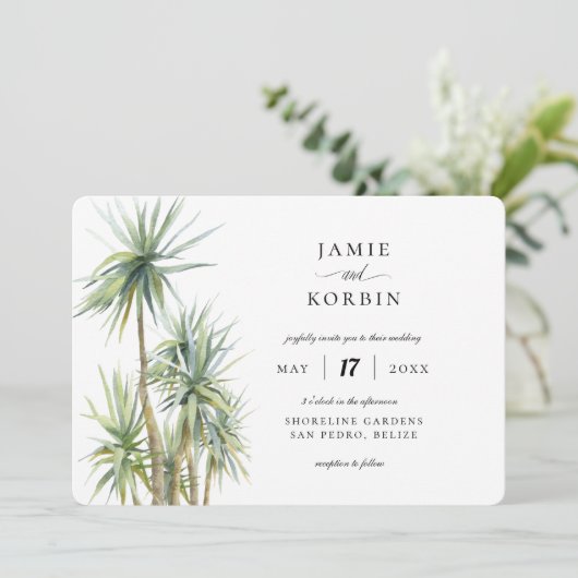 Rustieke Palm tropische strand bruiloft Kaart (Staand voorkant)