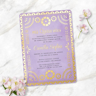 Rustieke Papel Picado Paarse gouden Quinceañera Folie Uitnodiging