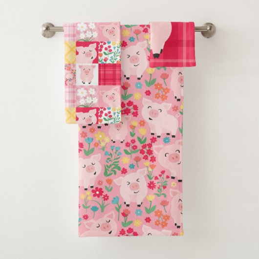 Rustieke Patchwork Varken Bloemen Boerderij Roze K Bad Handdoek (Insitu)