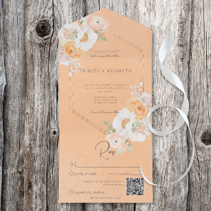 Rustieke Peach Blush & White Floral QR Code All In One Uitnodiging