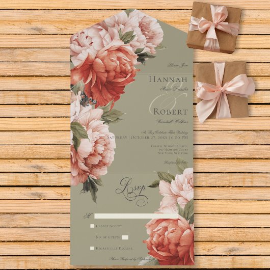 Rustieke Peach & Rust Pioenrozen op Sage Geen Dine All In One Uitnodiging