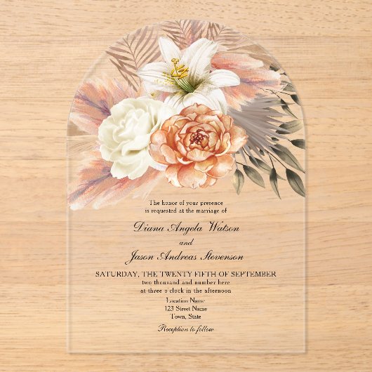 Rustieke Perzik Bloemen Huwelijk Acryl Uitnodiging Acryl Uitnodigingen (Voorkant)