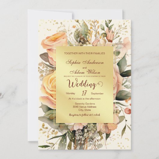 Rustieke perzik en gouden bloemen bruiloft uitnodi kaart (Voorkant)