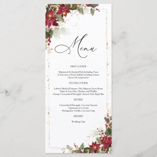Rustieke Pine Poinsettia Bloemenbruiloft Menu (Voorkant)