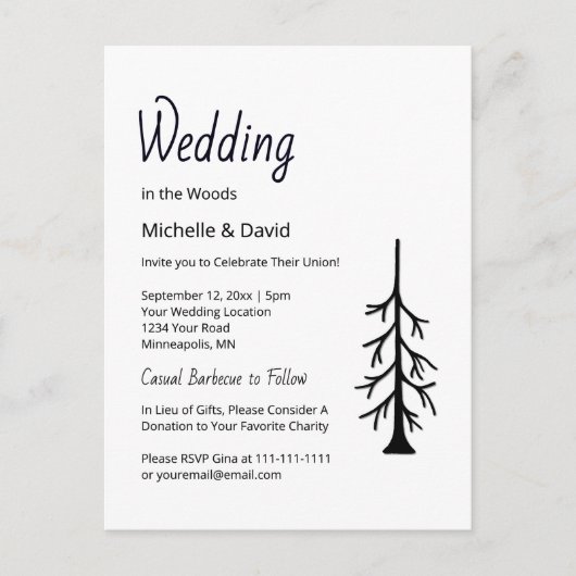 Rustieke Pine Tree Eenvoudige Evergreen Casual bru Uitnodiging Briefkaart (Voorkant)