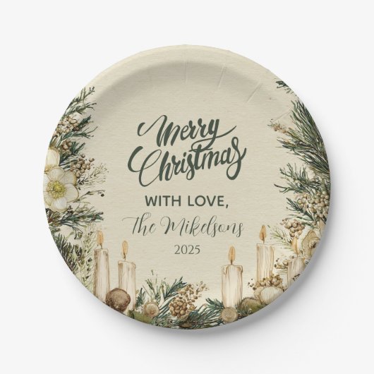 Rustieke Pinecone Candle Kerstmis Papieren Bordje (Voorkant)