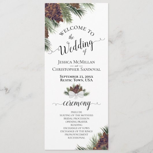 Rustieke Pinecones en dennentakken Elegante bruilo Programma (Voorkant)
