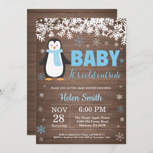 Rustieke Pinguïn Winter Jongen Baby Shower Uitnodi Kaart (Voorkant / Achterkant)