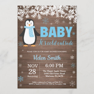 Rustieke Pinguïn Winter Jongen Baby Shower Uitnodi Kaart