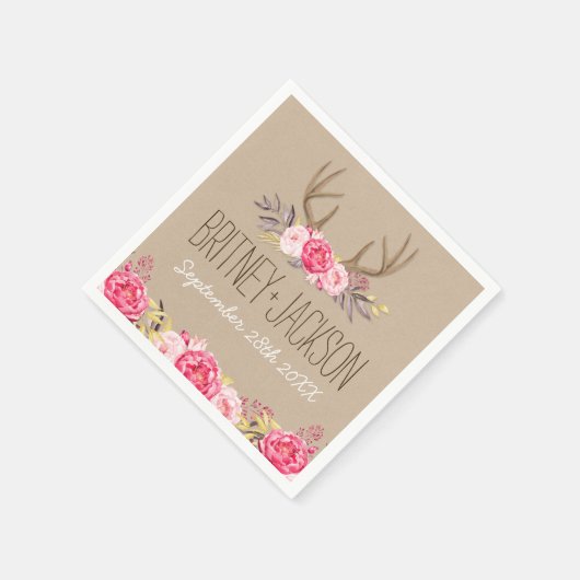 Rustieke Pioen en Herten Antler bruiloft servetten (Hoek)