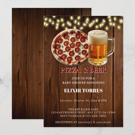 Rustieke Pizza & Bier Baby Shower Kaart (Voorkant / Achterkant)