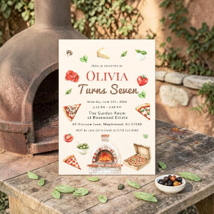 Rustieke Pizza Oven 7e Verjaardagsfeest Uitnodigin Kaart