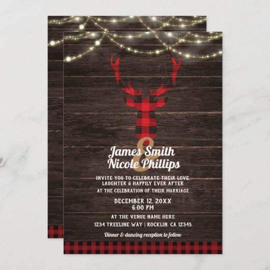 Rustieke Plaid Deer Antlers Hout & String Lights Kaart (Voorkant / Achterkant)
