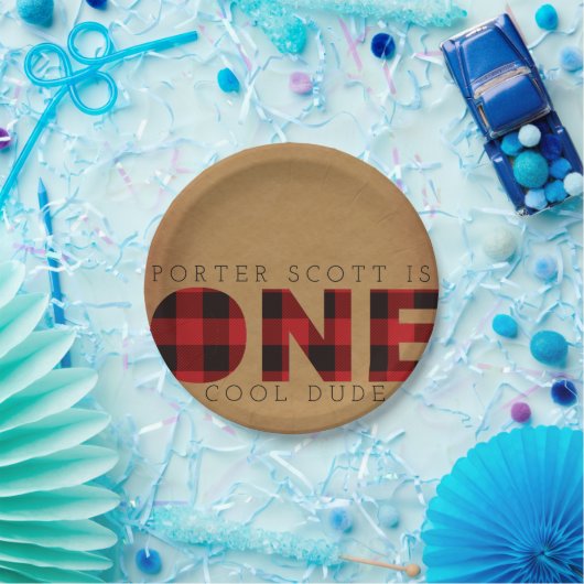 Rustieke Plaid Eerste Verjaardagsfeestje Custom Papieren Bordje (Feest)