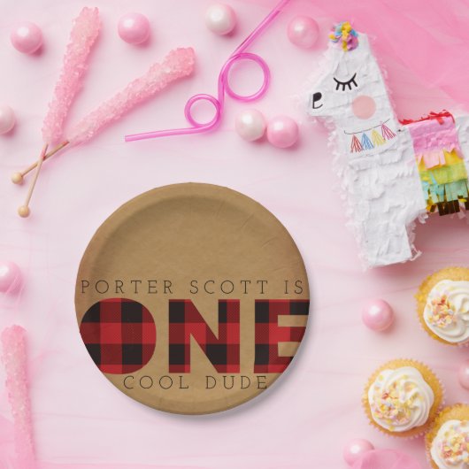 Rustieke Plaid Eerste Verjaardagsfeestje Custom Papieren Bordje (Feest)