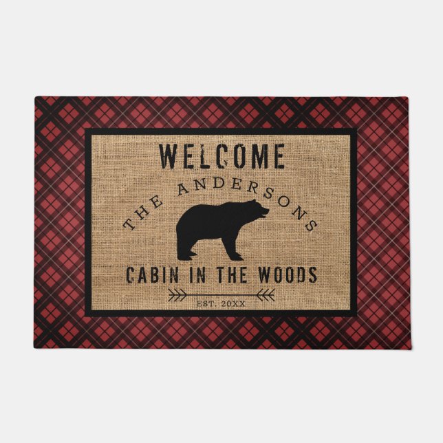 Rustieke Plaid Pattern Beer Welkom Cabin in Bossen Deurmat (Voorkant)