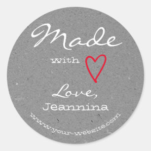 Rustieke Plain Grey Gemaakt met Liefde Rode Hart S Ronde Sticker